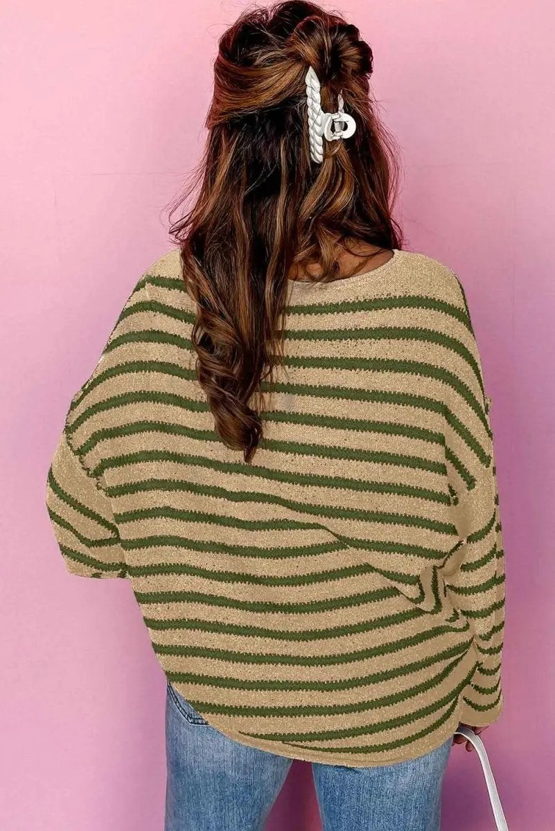 Khaki Stripe Drop Shoulder Casual Sweater - Love Salve